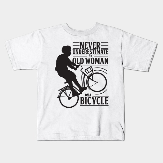 Never Underestimate An Old Woman On a Bicycle Kids T-Shirt by andantino